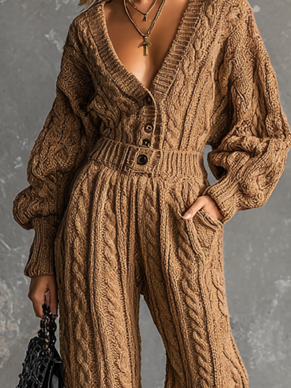 Chic Elegant Camel V Neck Button Front Long Sleeve Elastic-Waist Loose-Fit Cable Knit Jumpsuit