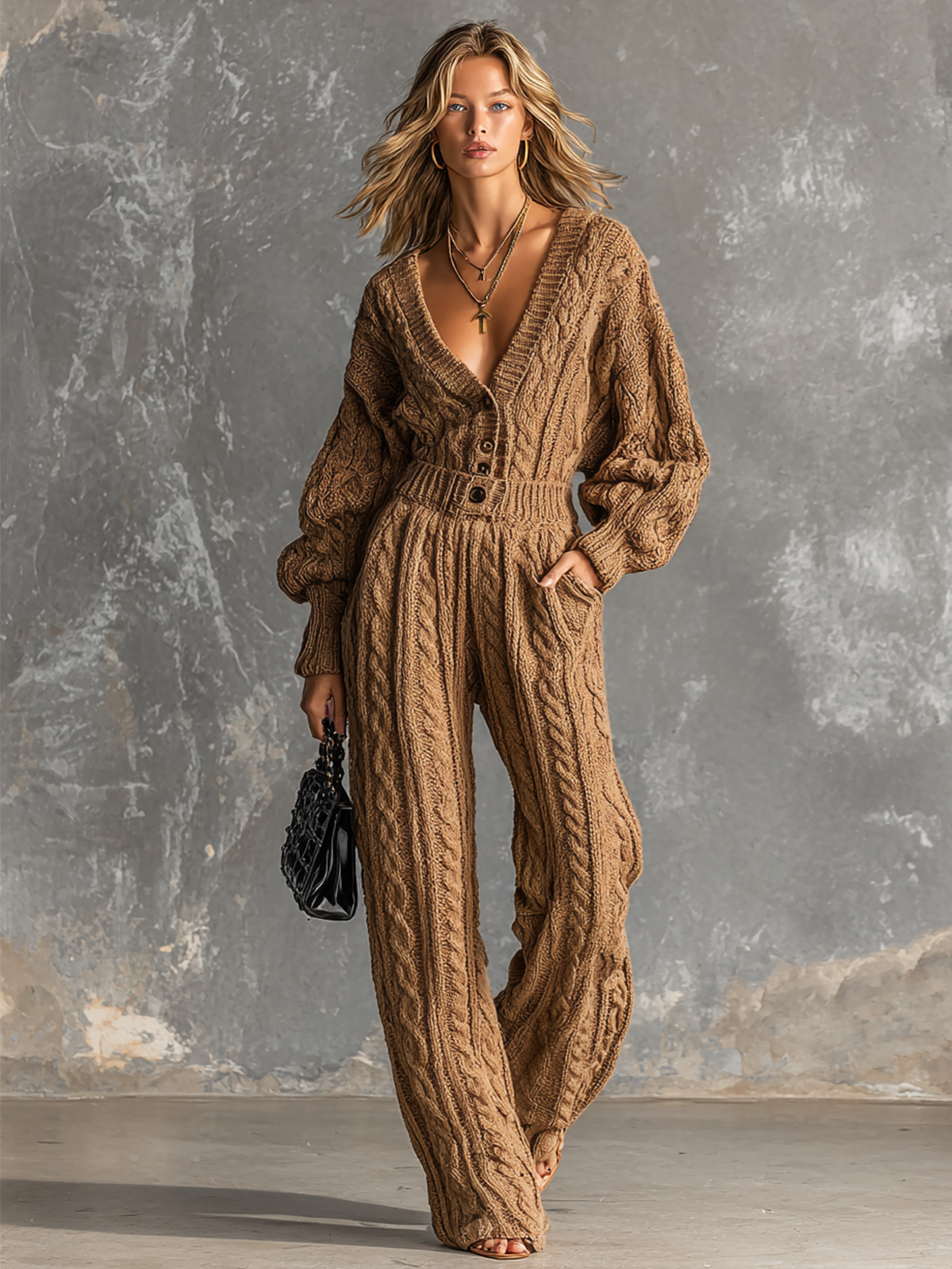 Chic Elegant Camel V Neck Button Front Long Sleeve Elastic-Waist Loose-Fit Cable Knit Jumpsuit