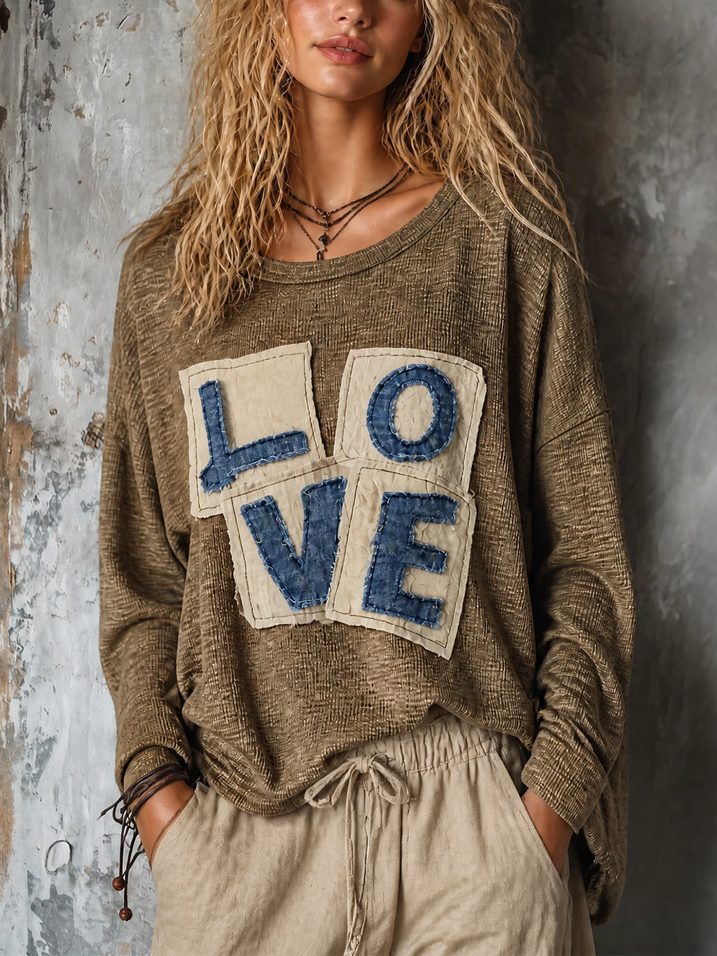 Chic Casual Olive Brown Round Neck Letter Applique Long Sleeve Loose-Fit Ribbed Knit Sweater Top