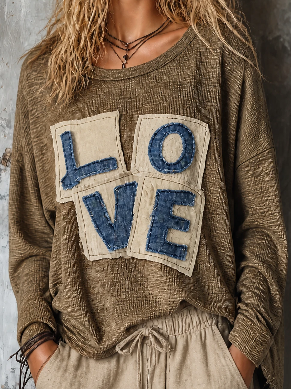 Chic Casual Olive Brown Round Neck Letter Applique Long Sleeve Loose-Fit Ribbed Knit Sweater Top