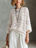 Chic White-Grey Colorblock Diamond Jacquard Boat Neck Long Sleeve Hollow Knit Sweater Top