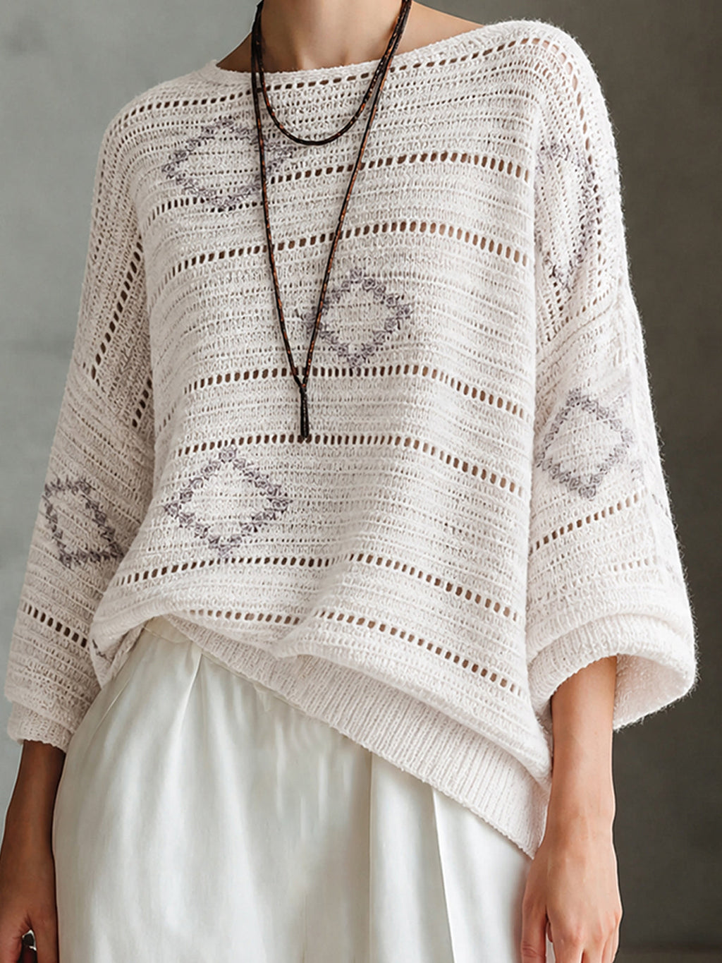 Chic White-Grey Colorblock Diamond Jacquard Boat Neck Long Sleeve Hollow Knit Sweater Top