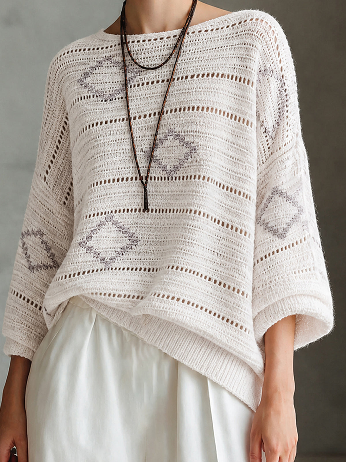 Chic White-Grey Colorblock Diamond Jacquard Boat Neck Long Sleeve Hollow Knit Sweater Top