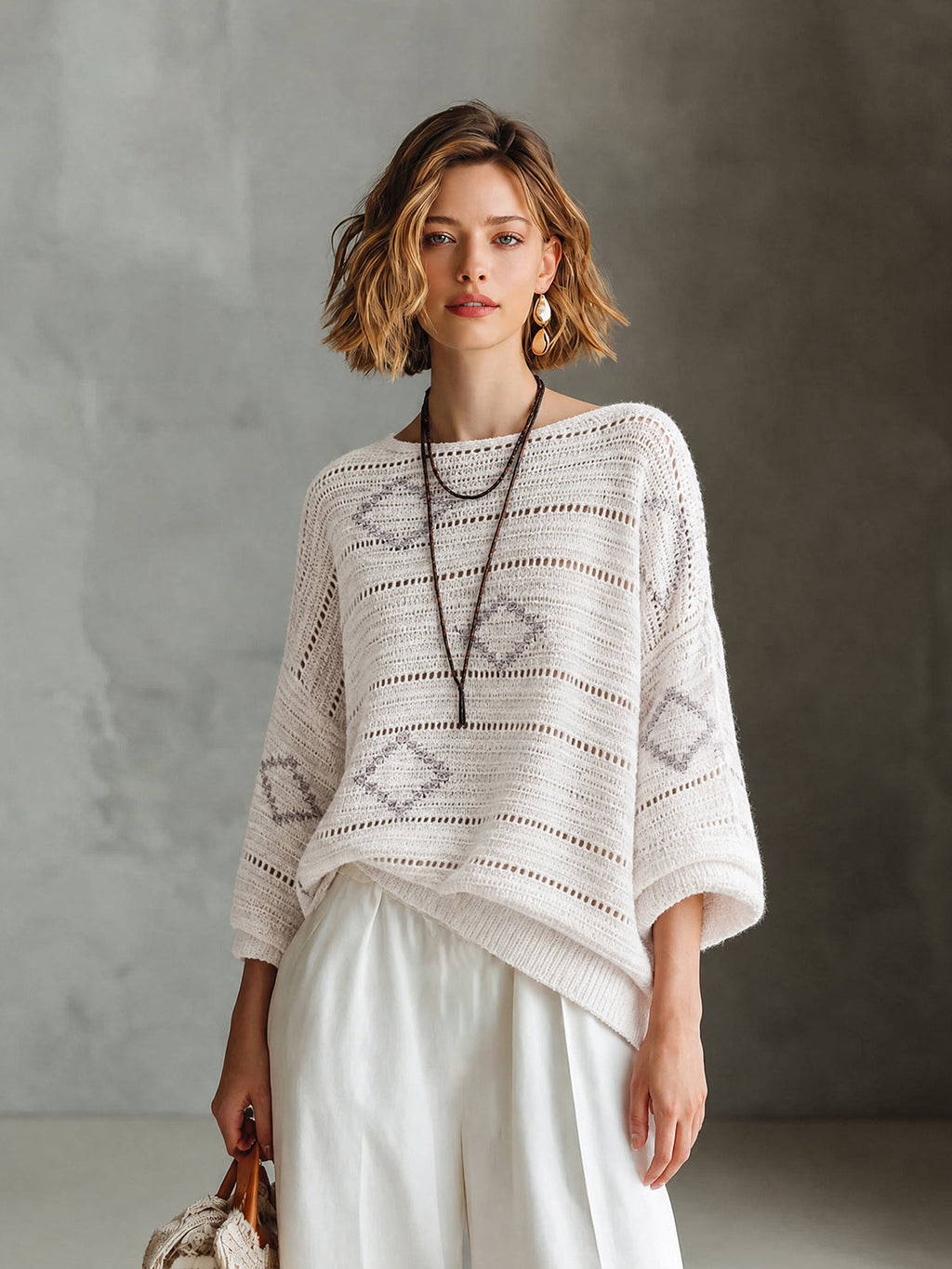 Chic White-Grey Colorblock Diamond Jacquard Boat Neck Long Sleeve Hollow Knit Sweater Top