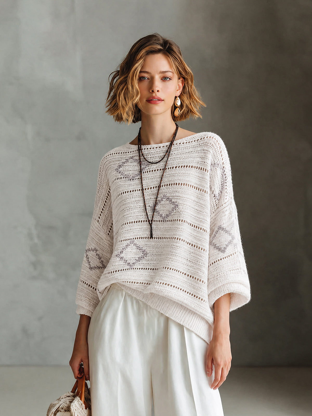 Chic White-Grey Colorblock Diamond Jacquard Boat Neck Long Sleeve Hollow Knit Sweater Top