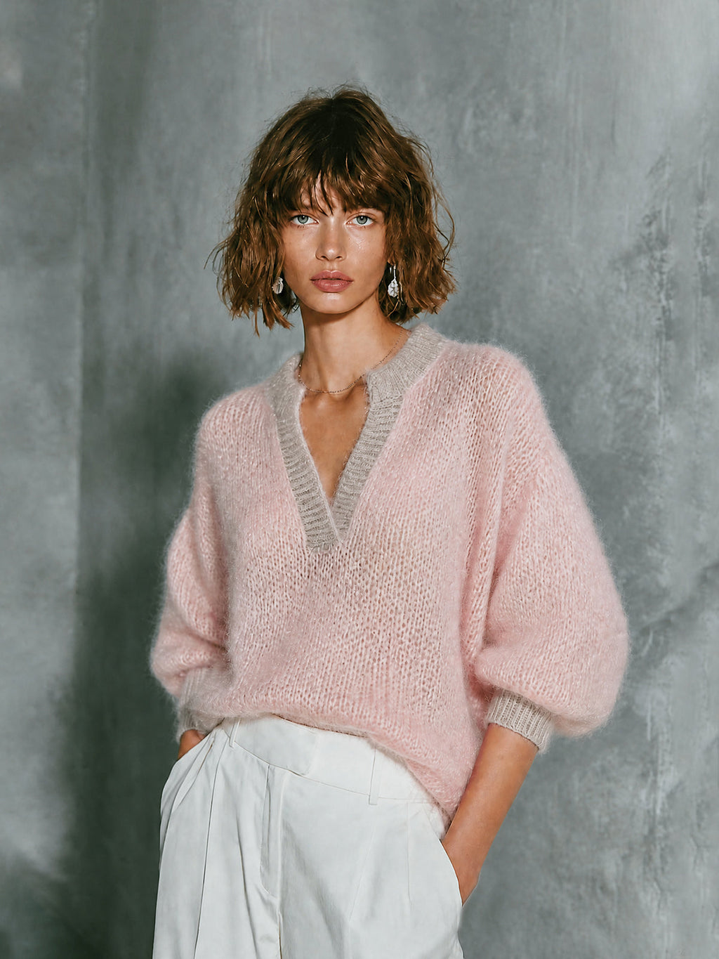 Chic Fluffy Mohair Pink-Oat Colorblock V-Neck Puff Three-Quarter Sleeve Knit Sweater Top