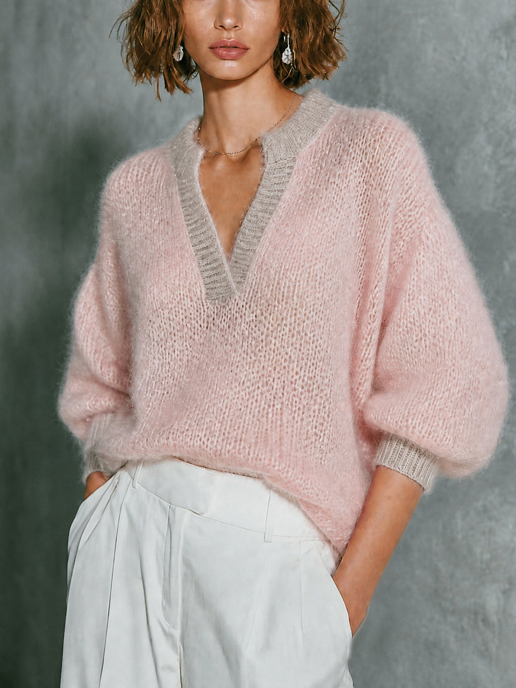 Chic Fluffy Mohair Pink-Oat Colorblock V-Neck Puff Three-Quarter Sleeve Knit Sweater Top