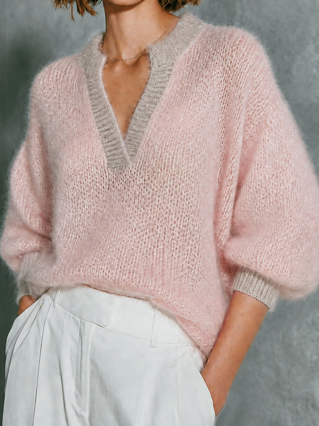 Chic Fluffy Mohair Pink-Oat Colorblock V-Neck Puff Three-Quarter Sleeve Knit Sweater Top