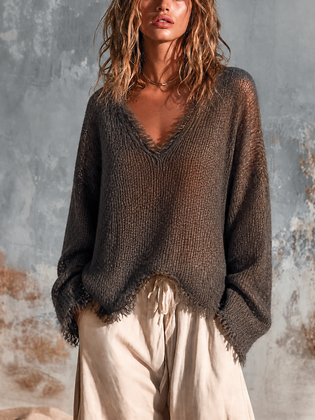 Chic Casual Charcoal Black V-Neck Frayed Edge Long Sleeve Loose-Fit Knit Sweater Top