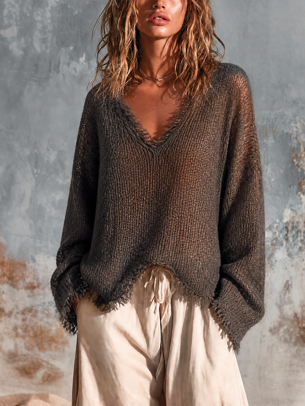 Chic Casual Charcoal Black V-Neck Frayed Edge Long Sleeve Loose-Fit Knit Sweater Top
