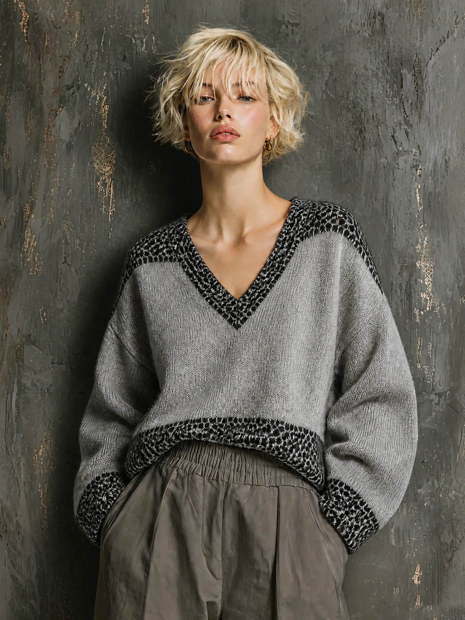 Chic Casual V-Neck Colorblock Leopard Trim Long Sleeve Loose-Fit Knit Sweater Top