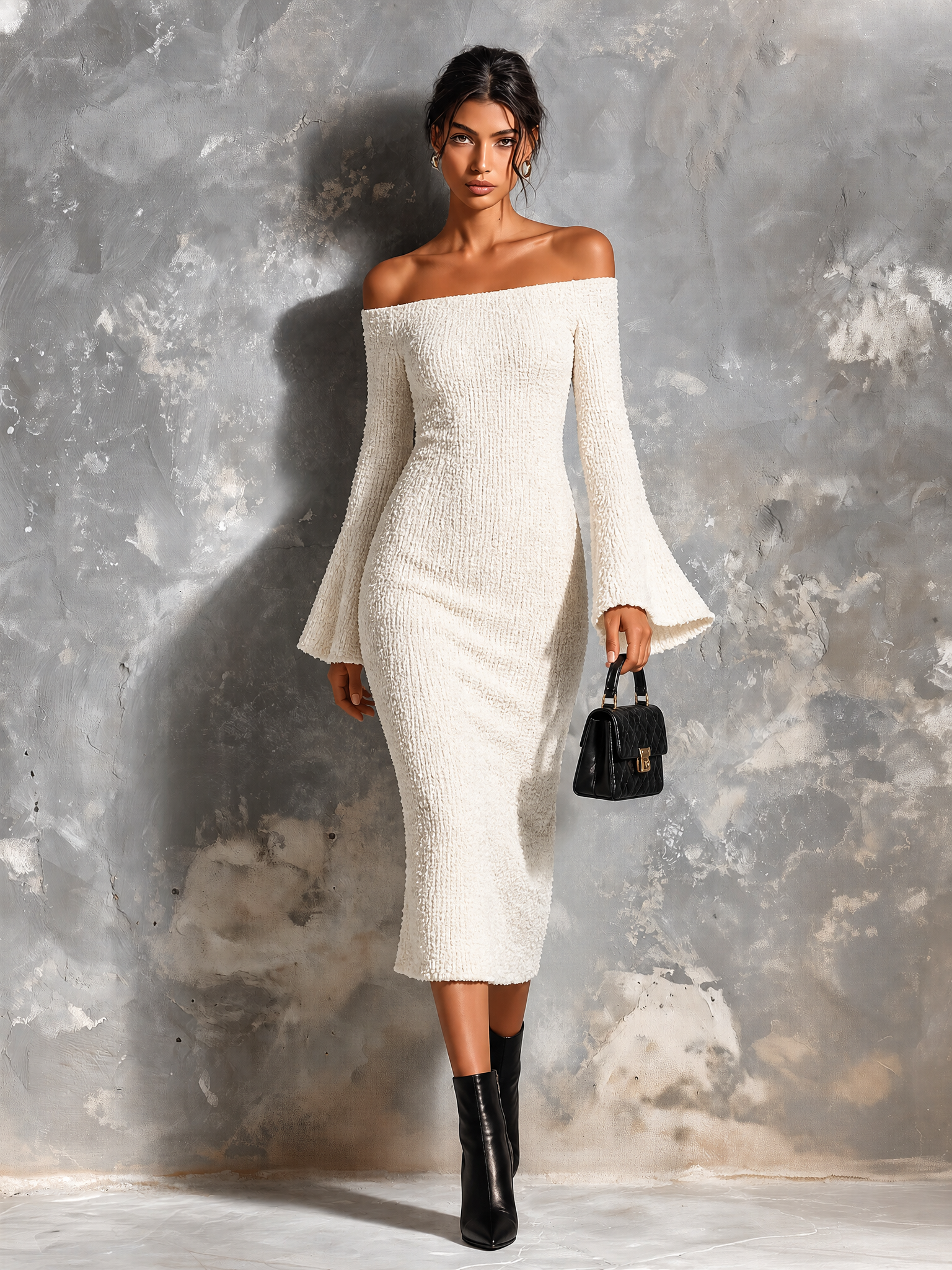 Chic Casual White Off Shoulder Flare Long Sleeve Slim-Fit Knit Midi Dress