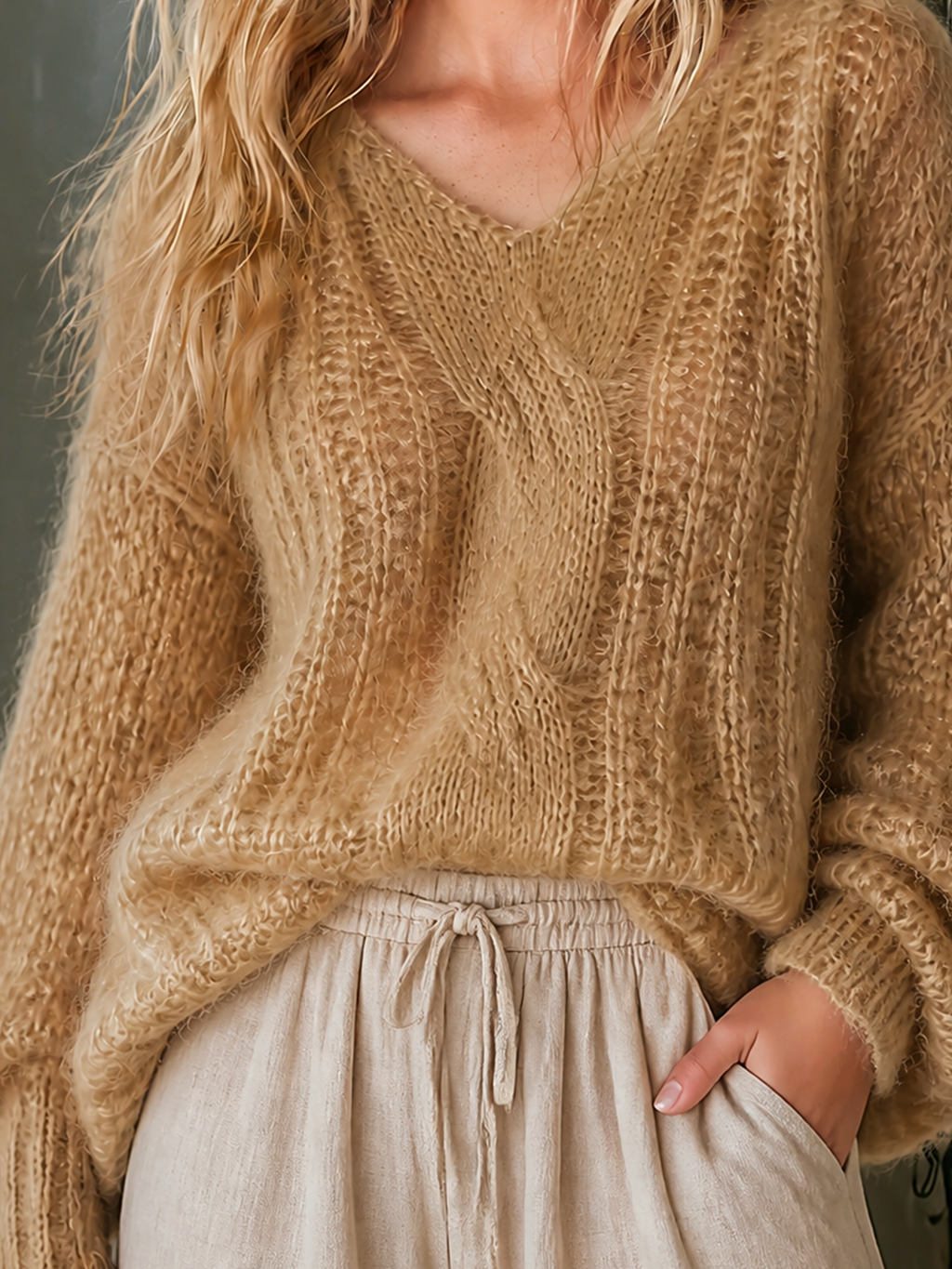 Chic Casual Camel V-Neck Long Sleeve Loose-Fit Cable Knit Sweater Top