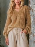 Chic Casual Camel V-Neck Long Sleeve Loose-Fit Cable Knit Sweater Top