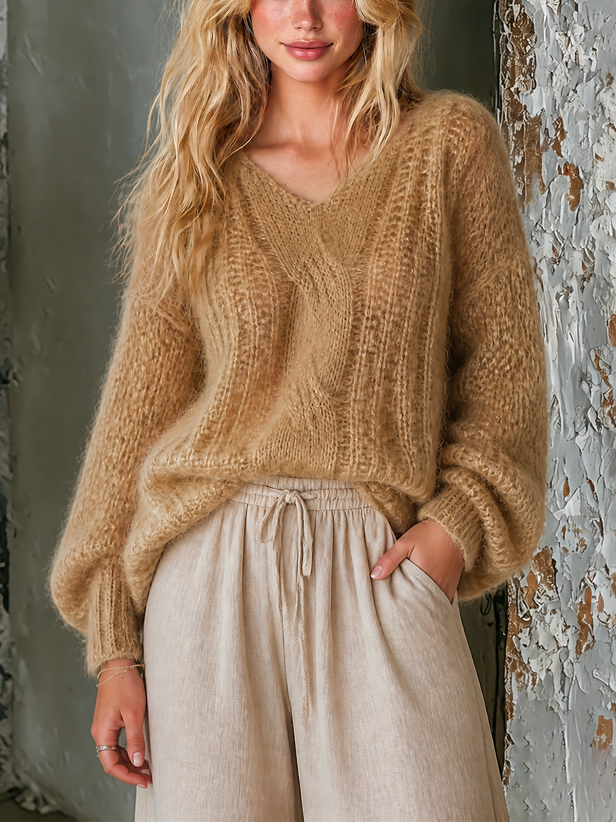 Chic Casual Camel V-Neck Long Sleeve Loose-Fit Cable Knit Sweater Top