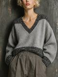 Chic Casual V-Neck Colorblock Leopard Trim Long Sleeve Loose-Fit Knit Sweater Top