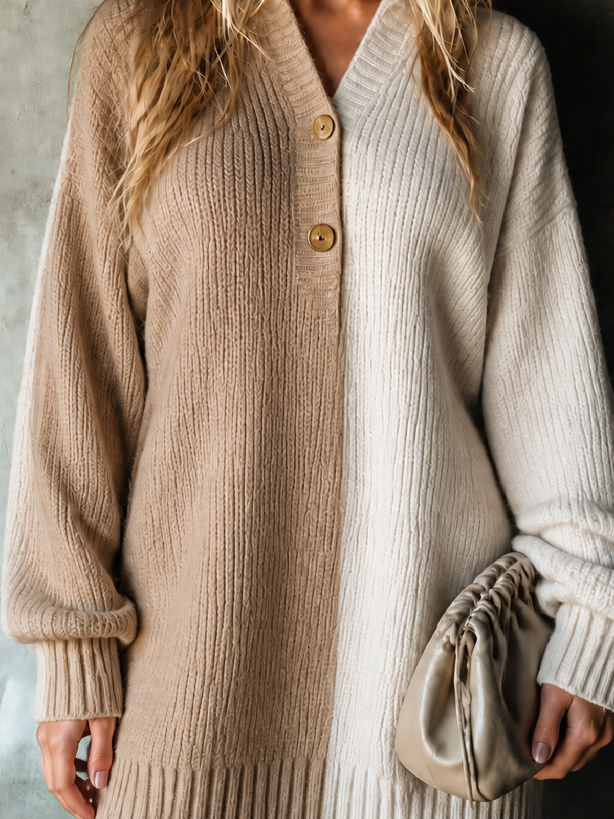 Chic Casual Camel-White Colorblock Lapel Colla V Neck Button Front Long Sleeve Loose-Fit Knit Mini Dress