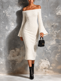 Chic Casual White Off Shoulder Flare Long Sleeve Slim-Fit Knit Midi Dress