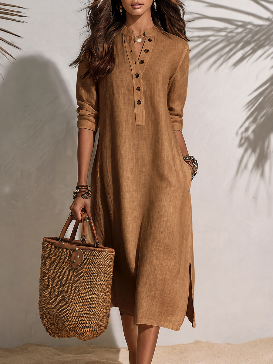 Vacation-style Short-sleeve Button-front Midi Dress