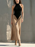 Chic Elegant Black-Camel Colorblock Halter-Neck Sleeveless Tailored-Waist A-Line Soft Knit Maxi Dress