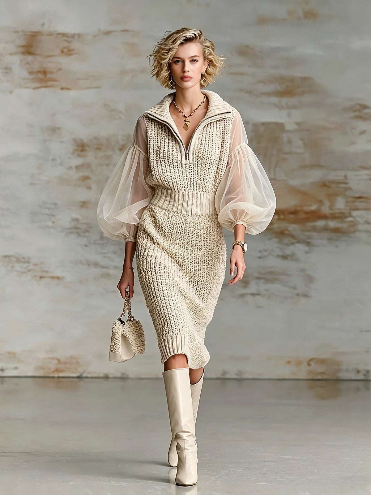Chic Elegant Beige Zipper-Up Lapel Collar Organza Puff Sleeve Elastic-Waist Ribbed Knit Midi Dress