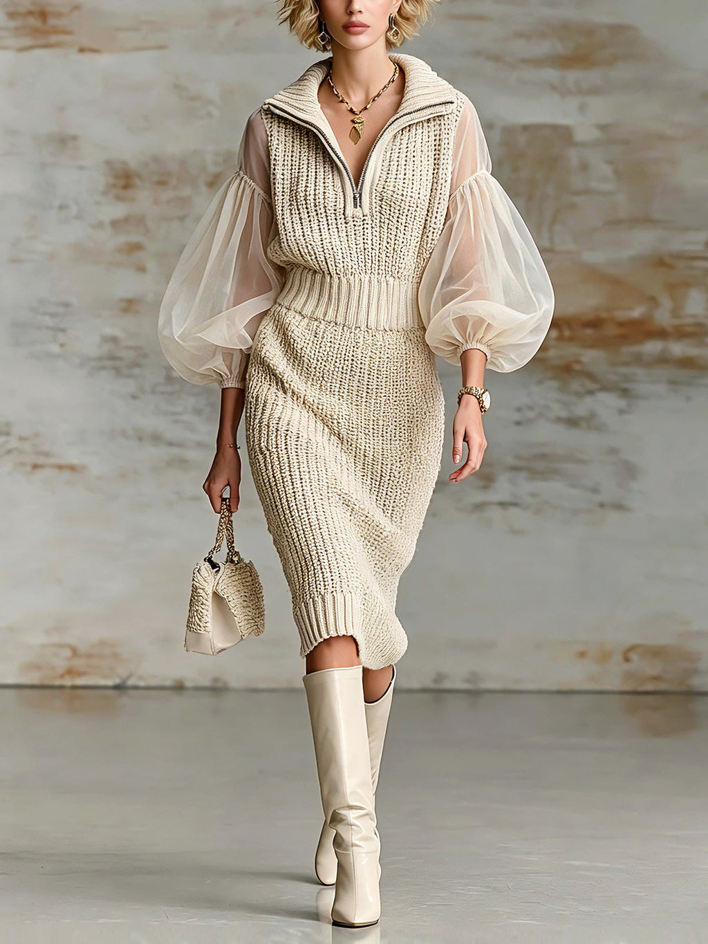 Chic Elegant Beige Zipper-Up Lapel Collar Organza Puff Sleeve Elastic-Waist Ribbed Knit Midi Dress