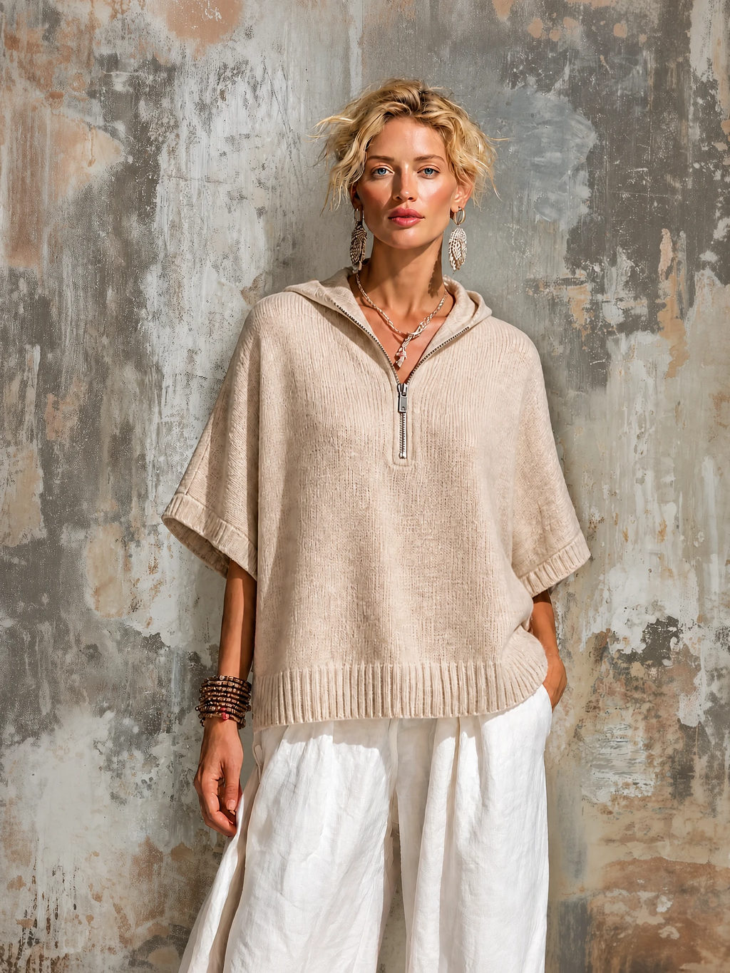 Chic Casual Oatmeal Hooded Zipper-Front Half Sleeve Loose-Fit Knit Sweater Top