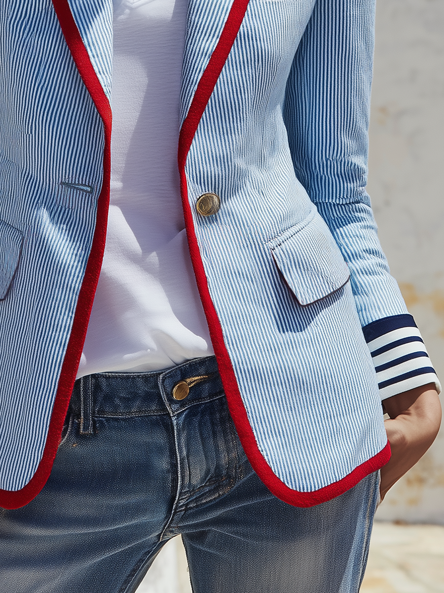 Retro Color-blocked Striped 3-pocket Blazer