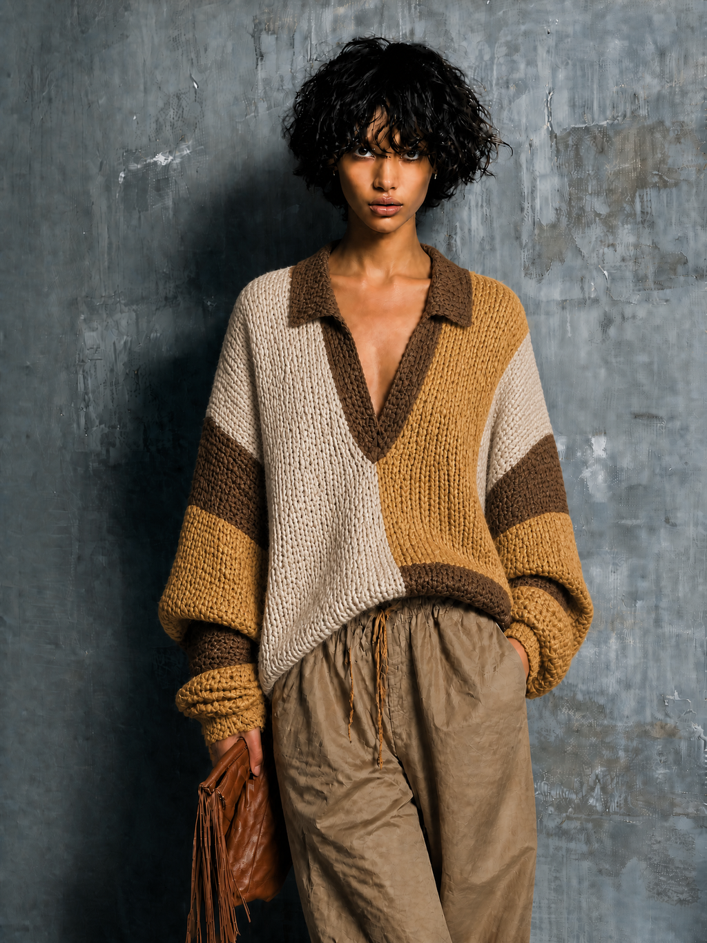Chic Casual Beige-Yellow-Brown Colorblock Lapel Collar V-Neck Long-Sleeve Loose-Fit Knit Sweater Top