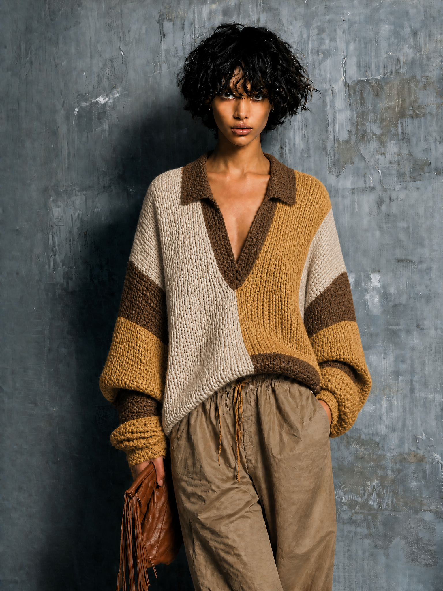 Chic Casual Beige-Yellow-Brown Colorblock Lapel Collar V-Neck Long-Sleeve Loose-Fit Knit Sweater Top