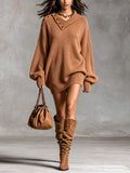 Chic Elegant Caramel Brown Button-Up Asymmetrical Neck Dropped Shoulder Long-Sleeve Oversize Knit Mini Dress