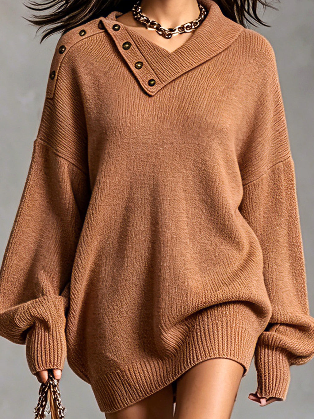 Chic Elegant Caramel Brown Button-Up Asymmetrical Neck Dropped Shoulder Long-Sleeve Oversize Knit Mini Dress