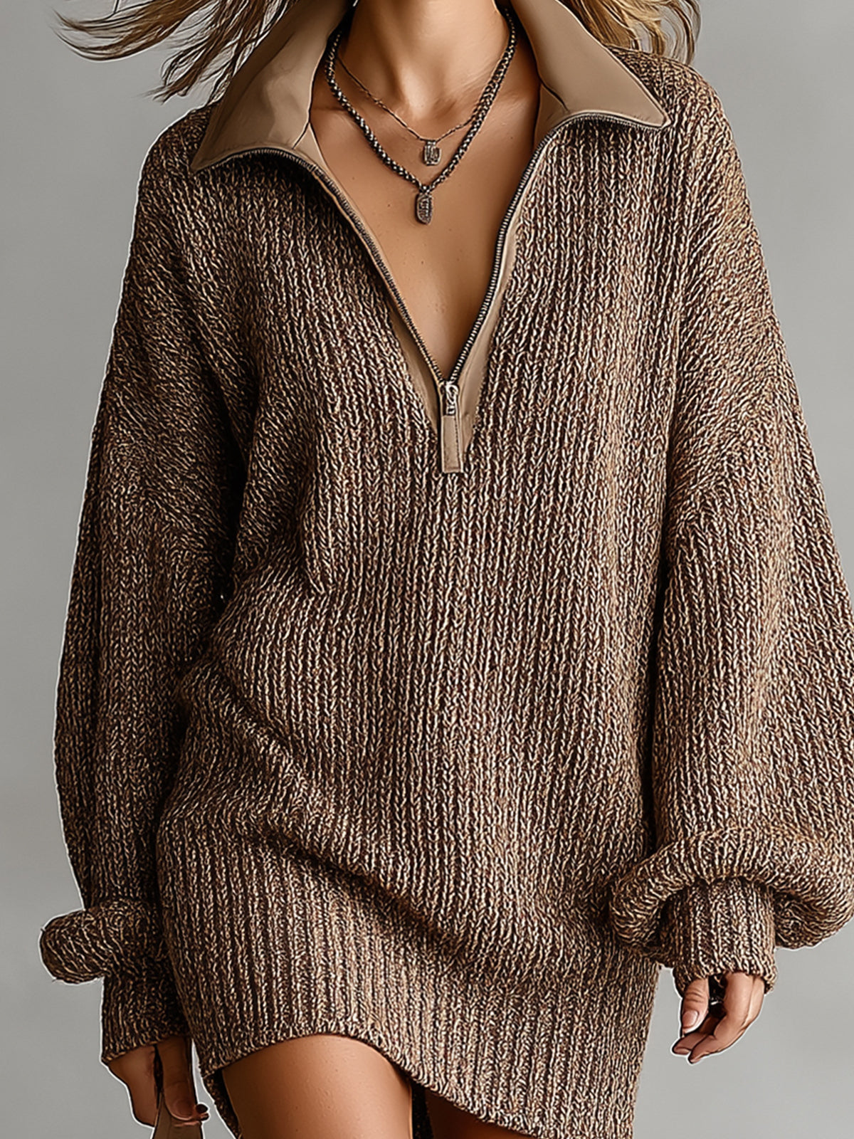 Chic Elegant Brown Melange Zipper-Up Lapel Collar Dropped Shoulder Long-Sleeve Oversize Ribbed Knit Mini Dress