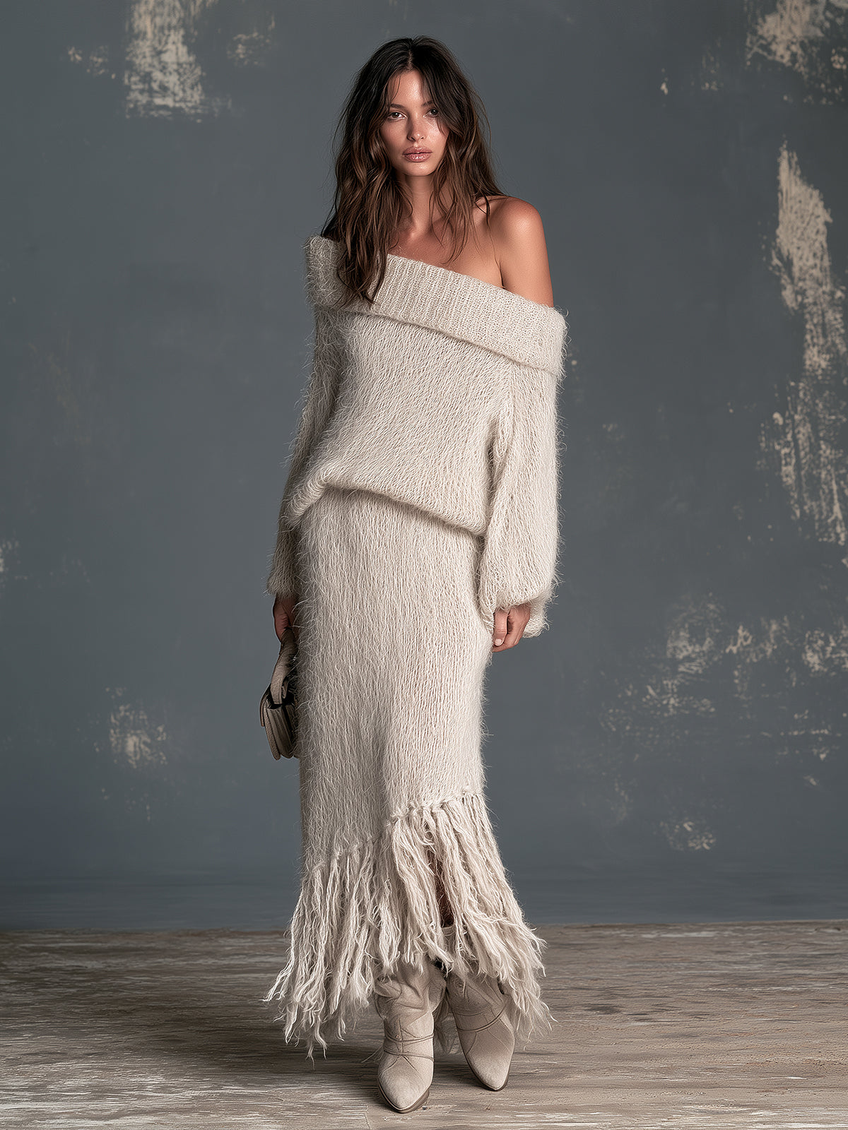 Chic Elegant Beige Off-The-Shoulder Long-Sleeve Sweater Elastic-Waist Fringe Detail Skirt Slim-Fit Fuzzy Knit Two-Piece Set