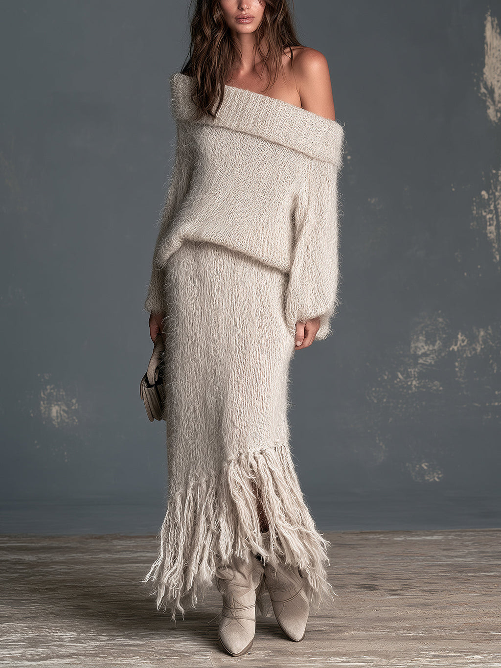 Chic Elegant Beige Off-The-Shoulder Long-Sleeve Sweater Elastic-Waist Fringe Detail Skirt Slim-Fit Fuzzy Knit Two-Piece Set