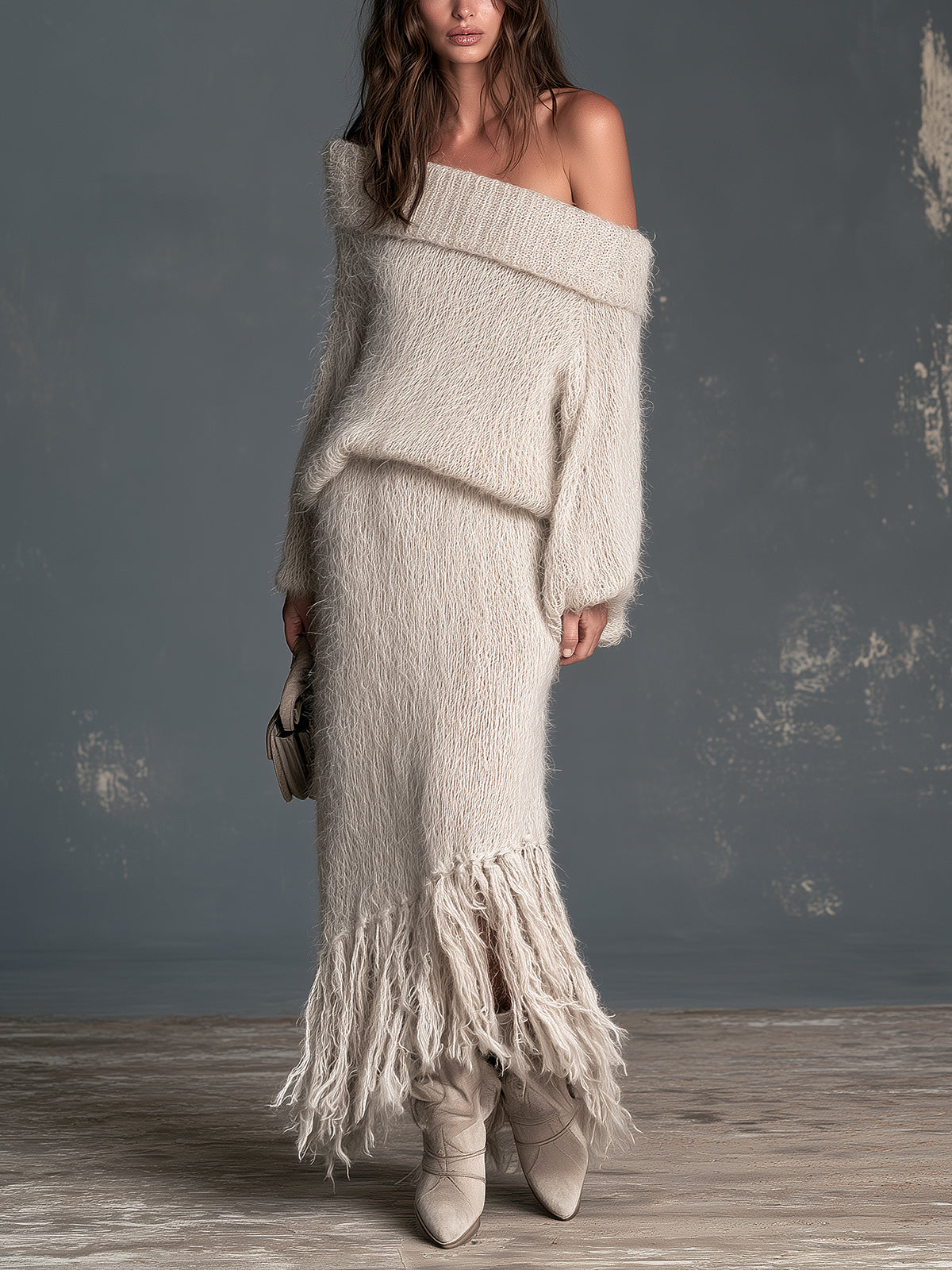 Chic Elegant Beige Off-The-Shoulder Long-Sleeve Sweater Elastic-Waist Fringe Detail Skirt Slim-Fit Fuzzy Knit Two-Piece Set