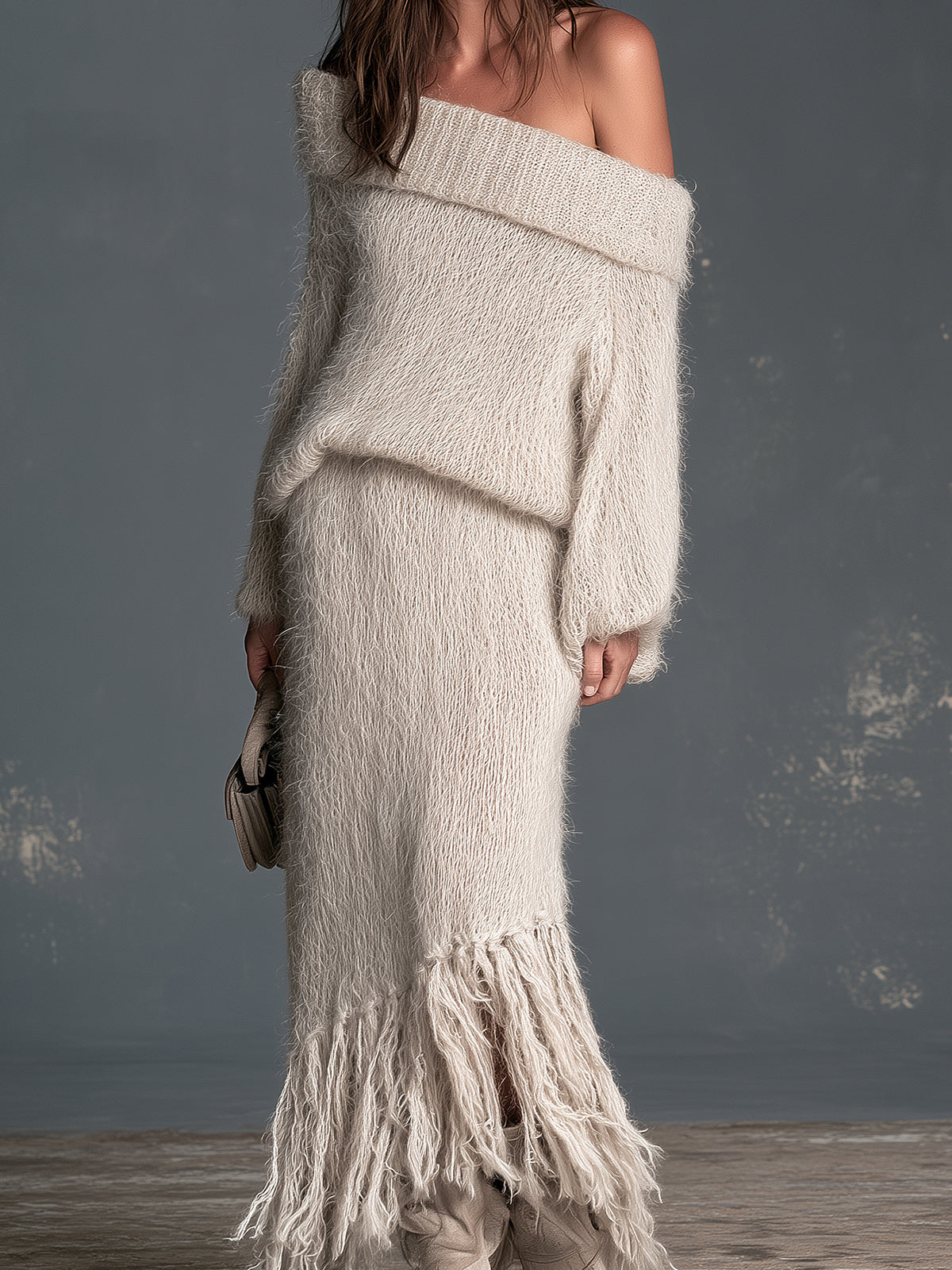 Chic Elegant Beige Off-The-Shoulder Long-Sleeve Sweater Elastic-Waist Fringe Detail Skirt Slim-Fit Fuzzy Knit Two-Piece Set