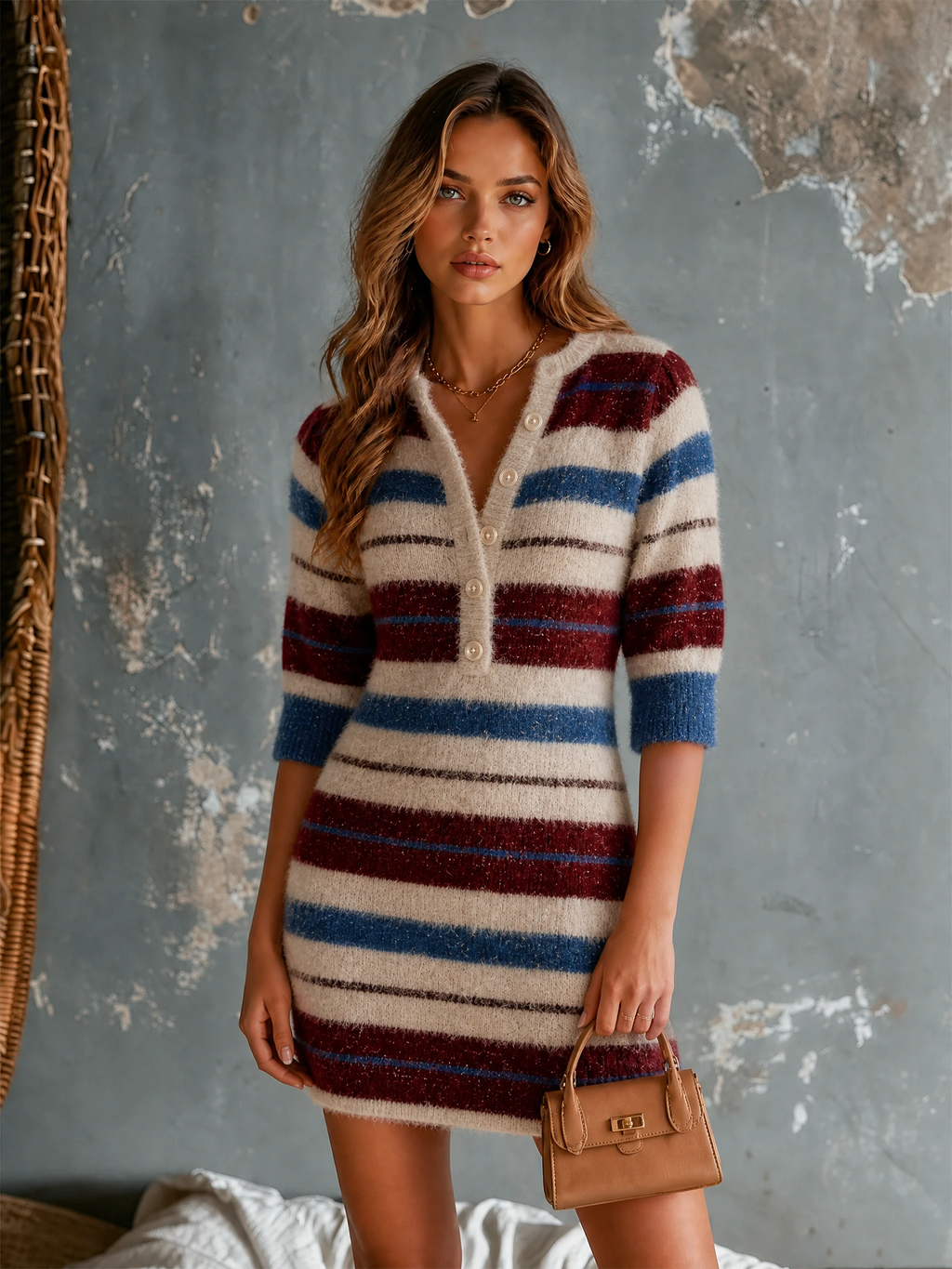 Chic Elegant Cream-Blue-Burgundy Stripes Button-Front Half Sleeve Slim-Fit Knit Mini Dress