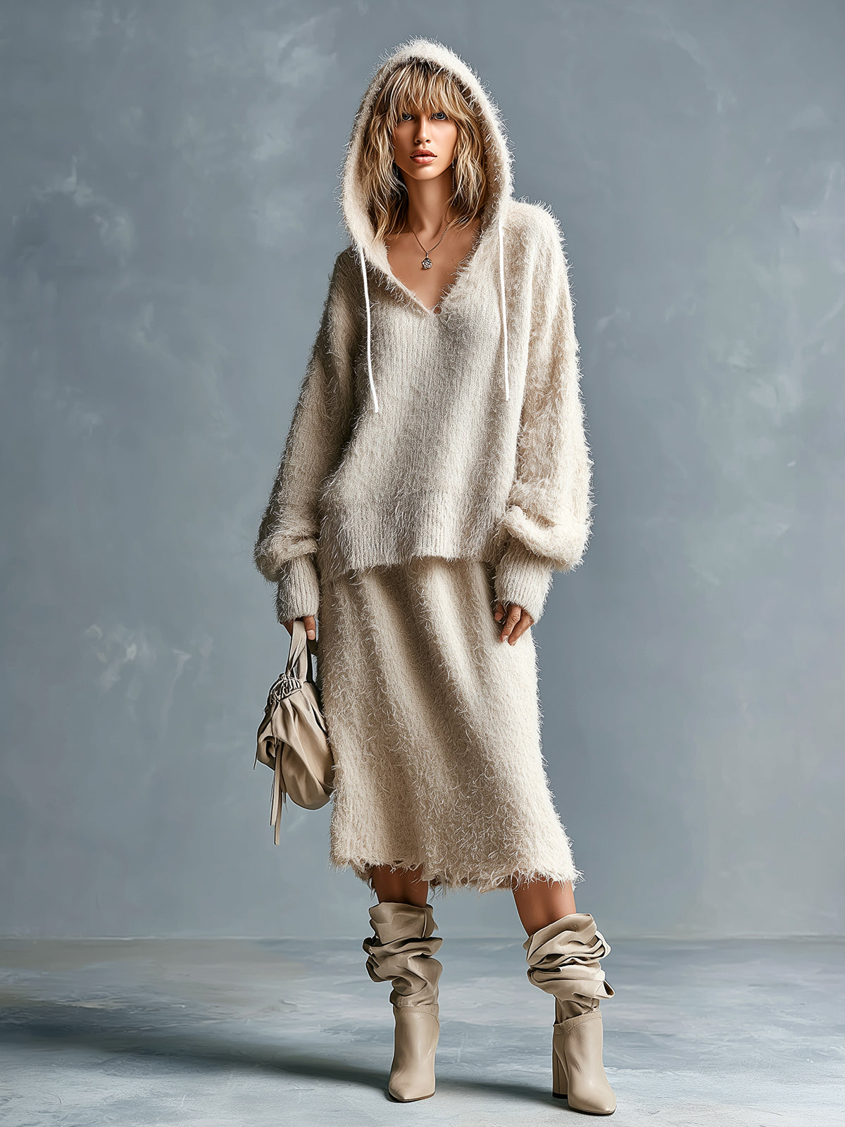 Chic Elegant Beige Hooded-Collar Long-Lantern-Sleeve Sweater Elastic-Waist Midi Skirt Loose-Fit Fuzzy Knit Two-Piece Set