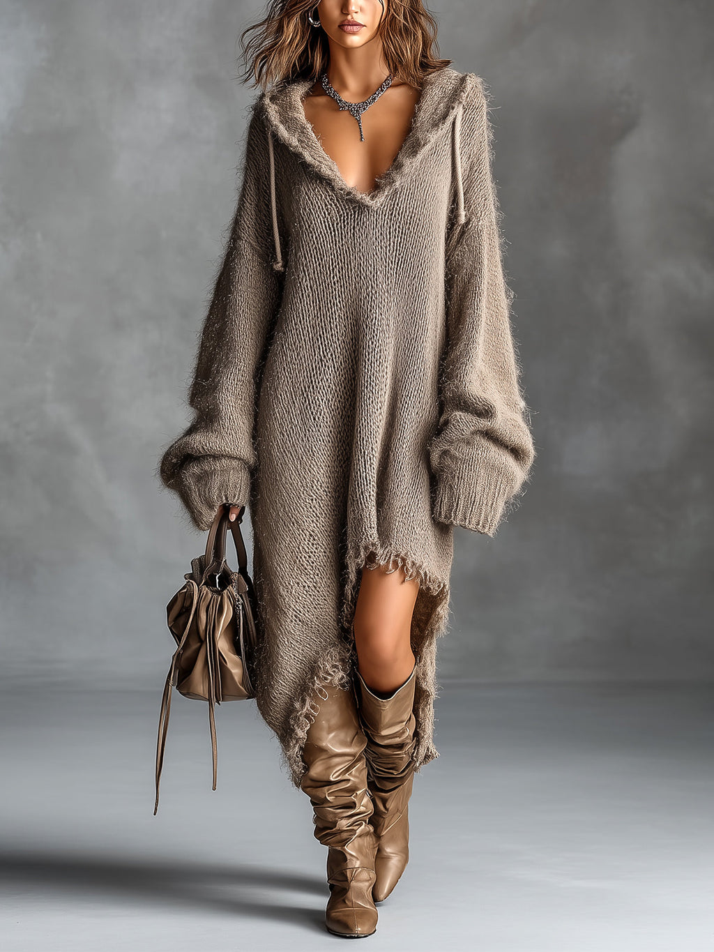 Chic Elegant Brown Hooded-Collar Dropped Shoulder Long-Sleeve Asymmetrical Hem Raw Edge Detail Oversize Fuzzy Knit Midi Dress