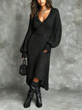 Chic Elegant Black V-Neck Dropped Shoulder Long-Sleeve Sequins Patchwork Detail Pleated Hem Ribbed Knit Midi Dress