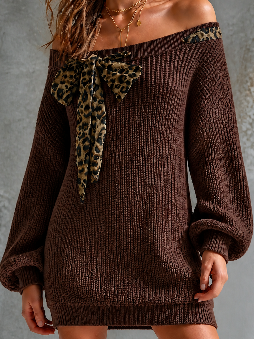 Chic Elegant Brown Off‑Shoulder Leopard Print Bow Detail Long-Sleeve Oversize Ribbed Knit Mini Dress