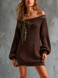 Chic Elegant Brown Off‑Shoulder Leopard Print Bow Detail Long-Sleeve Oversize Ribbed Knit Mini Dress