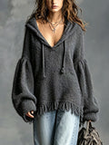 Chic Casual Gray Hooded Collar Dropped Shoulder Long-Sleeve Fringe Hem Detail Oversize Knit Sweater
