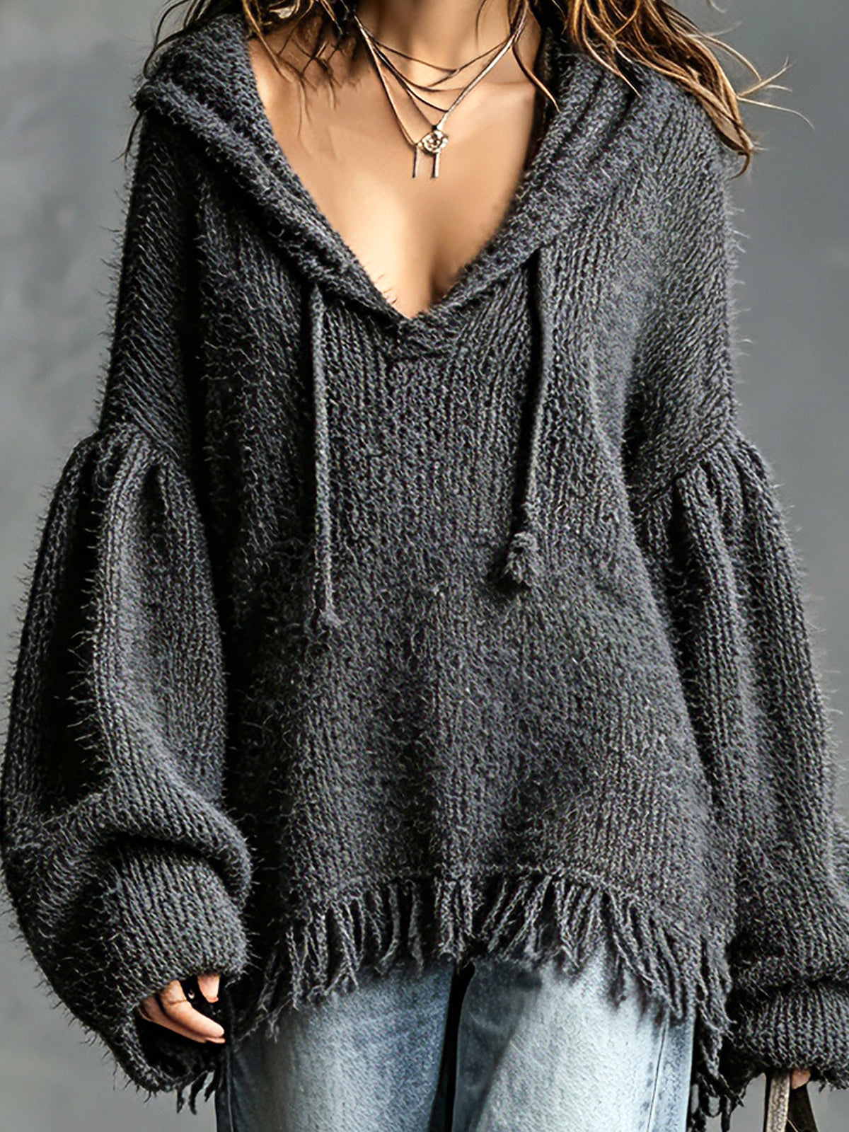 Chic Casual Gray Hooded Collar Dropped Shoulder Long-Sleeve Fringe Hem Detail Oversize Knit Sweater