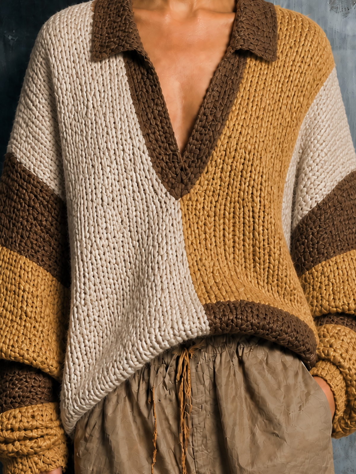Chic Casual Beige-Yellow-Brown Colorblock Lapel Collar V-Neck Long-Sleeve Loose-Fit Knit Sweater Top