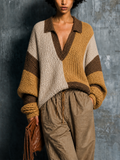 Chic Casual Beige-Yellow-Brown Colorblock Lapel Collar V-Neck Long-Sleeve Loose-Fit Knit Sweater Top