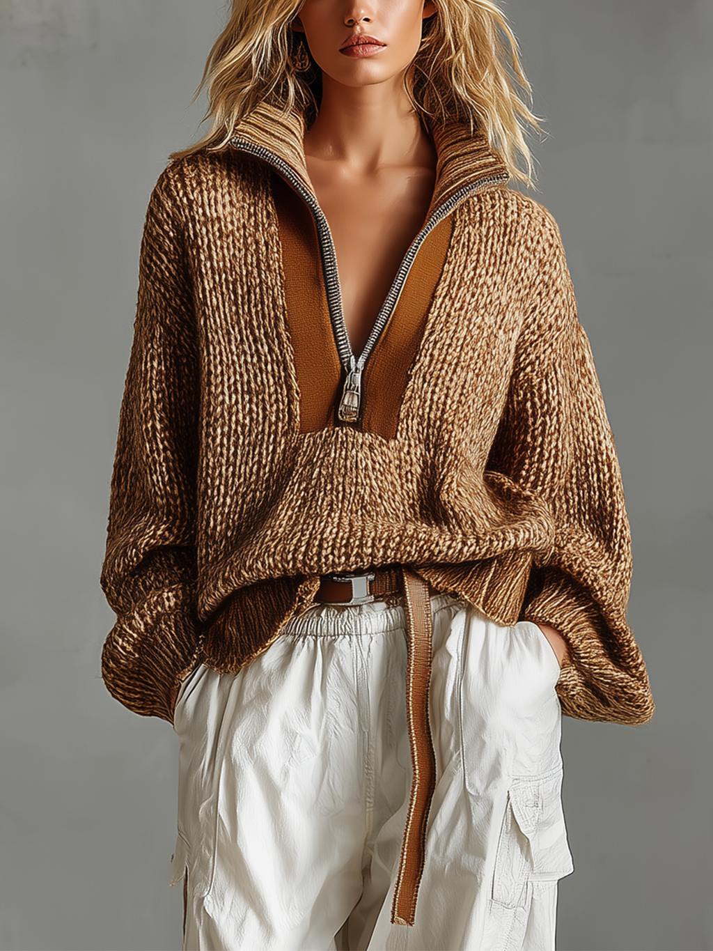 Chic Casual Chestnut Brown Stand-Collar Half-Zipper Contrast Trim Long-Sleeve Loose-Fit Knit Sweater Top