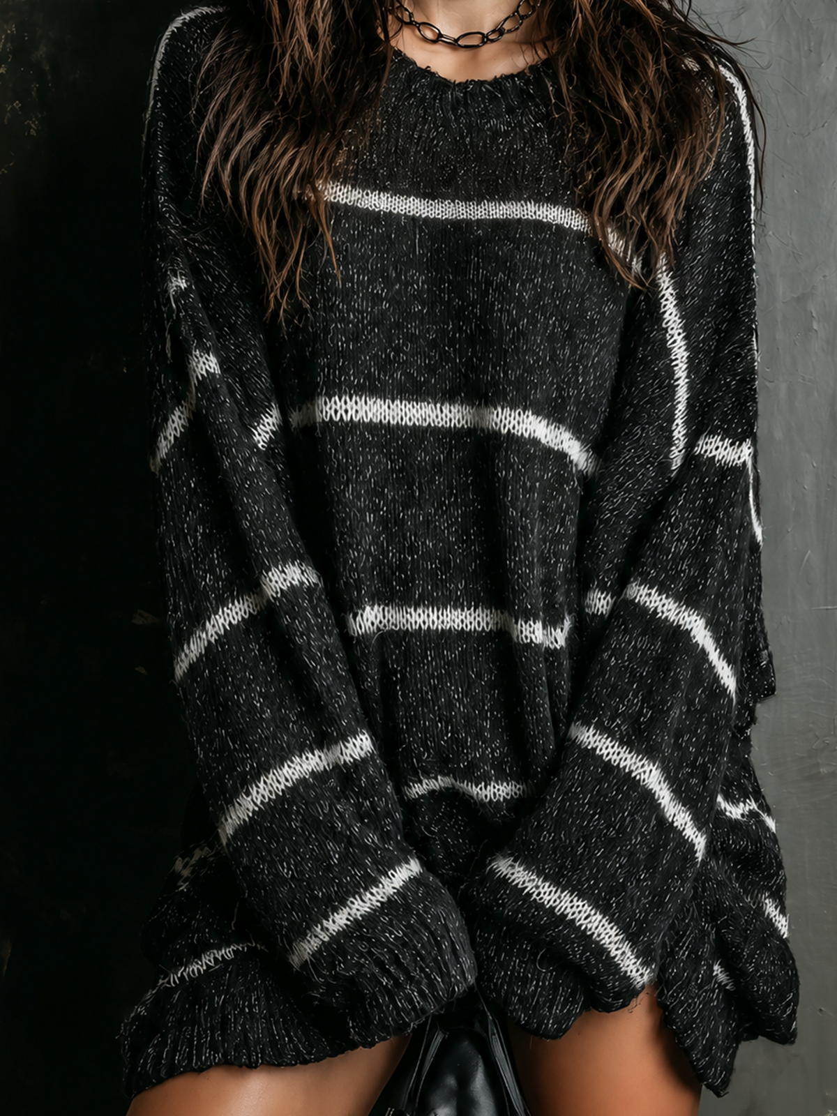 Chic Casual Black-White Stripes Round Neck Long-Sleeve Loose-Fit Knit Sweater Top