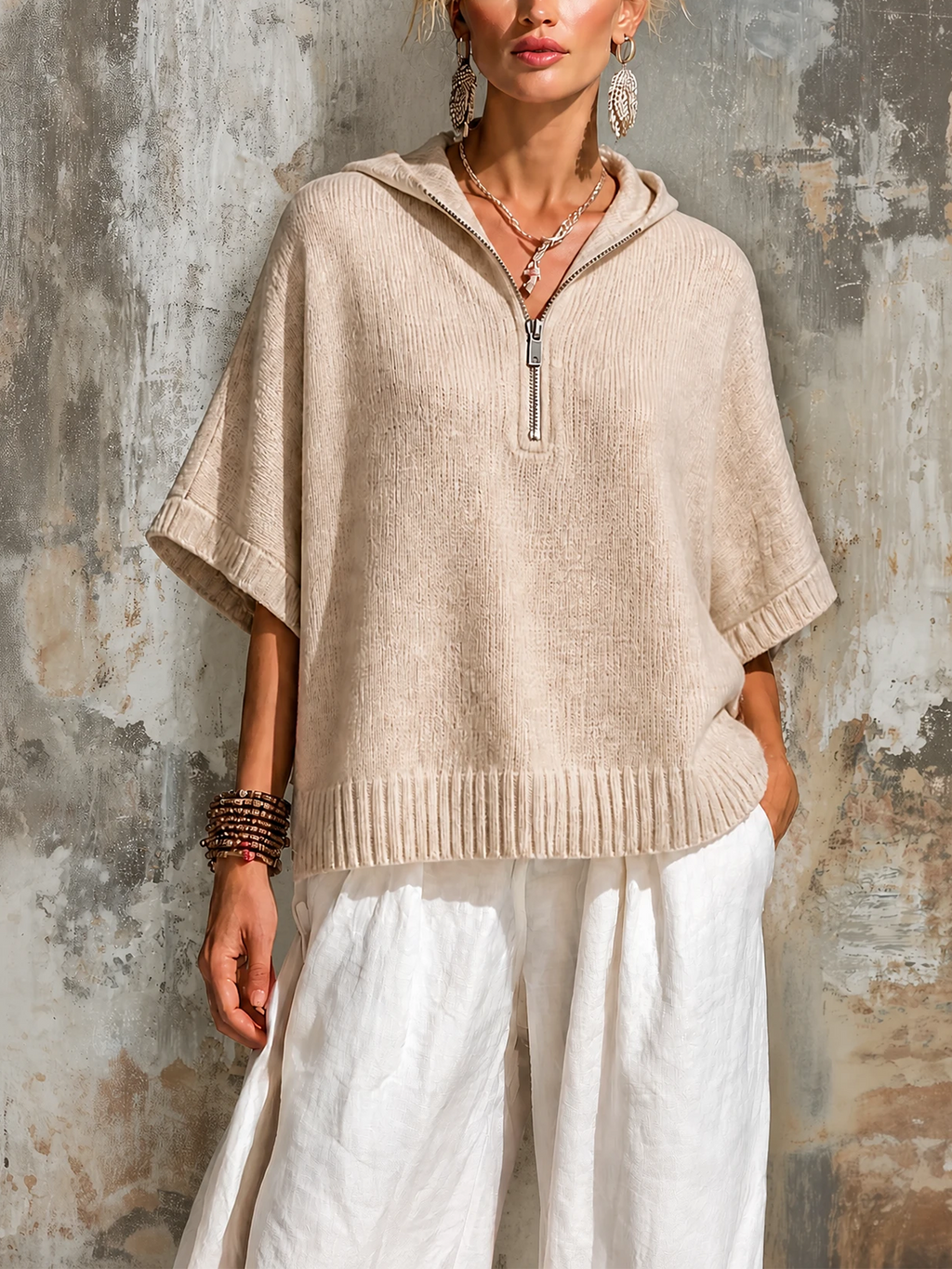 Chic Casual Oatmeal Hooded Zipper-Front Half Sleeve Loose-Fit Knit Sweater Top